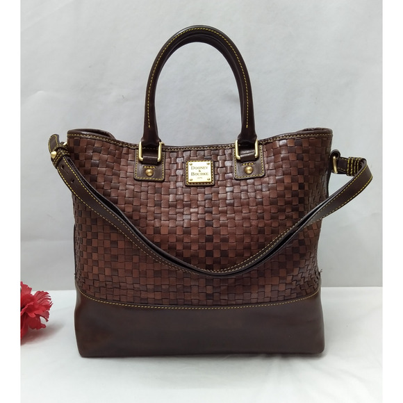 Dooney & Bourke Brown Leather Woven Double Handles Tote Bag - Picture 1 of 16